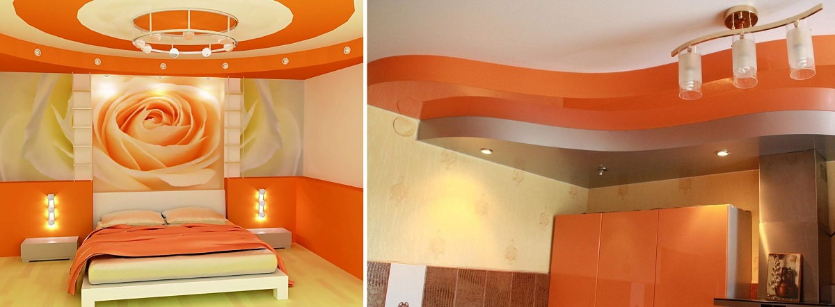 Оранжевые натяжные потолки в дизайне интерьера: фото потолков апельсинового цвета в помещениях с установкой от компании Alezi